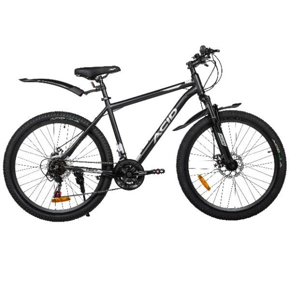 ACID F 600 D – надежный горный велосипед 26" для взрослых и подростков. Стальная рама Hi-Ten и амортизационная вилка справляются с любыми трассами. 21 скорость Shimano Tourney, широкие покрышки 2.35" и дисковые тормоза обеспечивают контроль. Полный компле