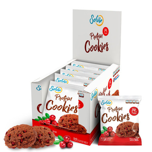 Печенье  Protein cookies шоколадное с клюквой 50 грамм (коробка 10 шт.)