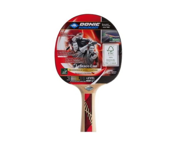 Ракетка DONIC LEGENDS 600.
Ракетка DONIC "LEGENDS 600" рассчитана на тип игры Allround.
Для покрытия используется накладка Prestige, толщина губки 1,8 мм. 
Форма ручки Concave - ручка, расширяющаяся к концу. Ракетка одобрена Международной федерацией насто