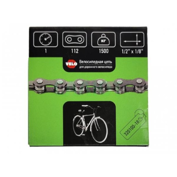 Цепь VELO H410 1/2" x 1 1/8", 112 звеньев с замком предназначена для дорожных, городских и односкоростных велосипедов. Прочная конструкция обеспечивает стабильную передачу усилия на колесо, а комплектный замок позволяет быстро установить или снять цепь бе Цепь VELO H410 1/2" x 1 1/8", 112 звеньев с замком предназначена для дорожных, городских и односкоростных велосипедов. Прочная конструкция обеспечивает стабильную передачу усилия на колесо, а комплектный замок позволяет быстро установить или снять цепь бе