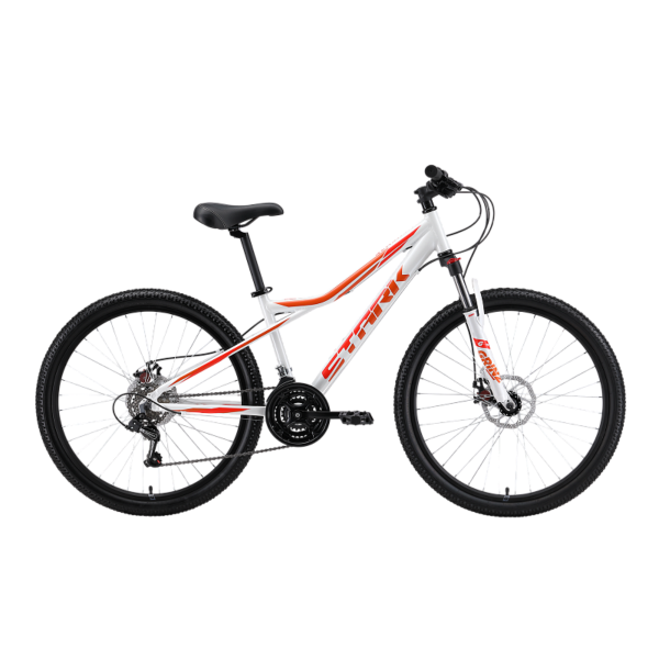 Горный велосипед для начинающих с навесным оборудованием Shimano, 21 скорость. Технические особенности: алюминиевая рама AL-6061, амортизационная вилка Grinz ES-225, двойные обода Rainbow DH-18, дисковые механические тормоза Apse ADC-11. Подходит для прог Велосипед Stark'24 Slash 26.1 D белый/оранжевый/красный