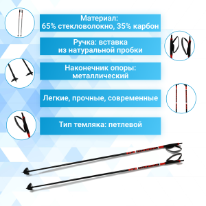 Палки VUOKATTI 175 Black/Red гибрид 35/65.
Палки лыжные VUOKATTI гибридные 35/65 предназначены для спортсменов с начальным уровнем подготовки. Состав: 65% стекловолокно (Fiberglass), 35% углеволокно (Carbon). Лыжные палки - легкие, прочные, современные п
