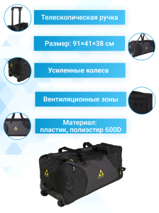 Сумка игрока на колесах Fischer JR.
Хоккейная сумка на колесах Fischer JR для юных игроков из сверхпрочного полиэстера со встроенной усиленной телескопической ручкой, встроенными карманами для коньков, вентиляционными отверстиями и нейлоновыми молниями по